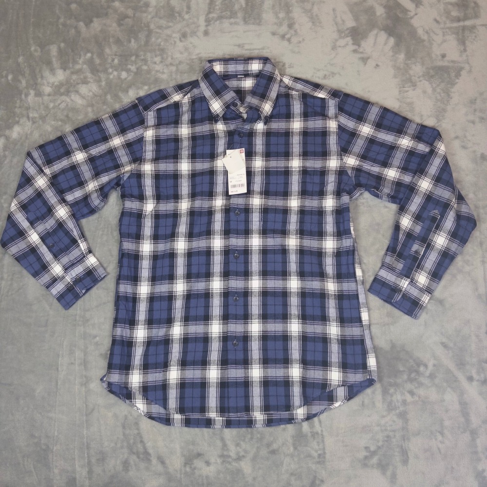Uniqlo Flannel Shirt Mens Medium Navy Blue Plaid Long Sleeve Button Down Cotton